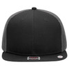 A 6 panel mid profile trucker cap featuring a black front and grey mesh sides, with a logo on the front.