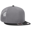 A grey mid-profile trucker cap with a black peak and mesh sides, featuring a logo on the front.