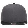 A grey six-panel mid profile trucker cap with a black visor, featuring mesh panels and a logo.