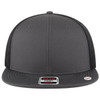 A six-panel mid-profile trucker cap in grey with a grey undervisor and mesh side panels. Features a logo.