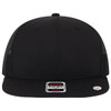 A black mid-profile trucker cap with a flat bill and mesh sides, featuring a logo on the front.