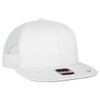 A white trucker cap with a solid front and mesh back, featuring a logo on the front panel.