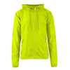 A lightweight windbreaker in bright green with a hood and front zip, featuring a logo on the side.