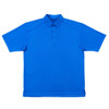 A blue polo shirt with a collar and short sleeves, featuring a three-button placket and a logo.