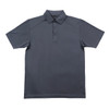 A dark grey polo shirt with a collared neckline and buttons, featuring a logo on the chest area.
