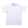 A white polo shirt featuring a collar and short sleeves, with a logo on the chest area.