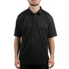 A black micro pique polo shirt with a three-button placket and short sleeves, featuring a logo on the chest.