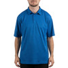 A blue Micro Pique Polo featuring a short sleeve design and a collar, displayed on a model.