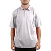 A man wearing a grey Micro Pique Polo shirt with a collar and buttons, featuring a branding logo.