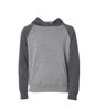 A pullover hoodie featuring a grey body and darker grey sleeves, with a front pocket and a hood.