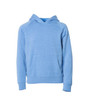 A blue toddler pullover sweatshirt with a hood and front pocket, featuring a logo on the front.