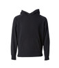 A black pullover hoodie with a front pocket and a hood, featuring a logo on one side.