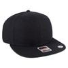 A black snapback cap with a flat brim and a green undervisor, featuring a logo on the side.