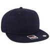 A snapback cap featuring a mid-profile design and a green undervisor, primarily in a navy colour.