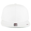 A white 6-panel mid profile snapback cap featuring a flat brim and a logo label on the front.