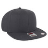A grey snapback cap with a flat brim and a fabric logo patch on the side. Features a structured 6-panel design.