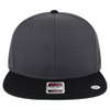 A mid-profile snapback cap in grey with a black bill and green undervisor, featuring a logo on the front.