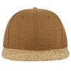 A snapback cap featuring a brown fabric upper and a cork brim, with a logo on the front.