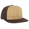A brown snapback cap with a cork front panel and flat brim, featuring a logo.