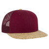 A burgundy trucker cap with a cork peak and mesh panels at the back, featuring a logo on the front.