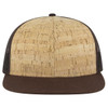 A six-panel trucker cap featuring a cork front and brown mesh sides. The under visor is black.