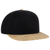 A black snapback cap with a cork brim, featuring a button on top and side ventilation holes.