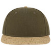A five-panel snapback cap in olive green with a cork brim and a logo on the front.