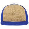 A snapback cap with a cork front and royal blue sides and brim. It features a logo on the front.