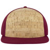 A cap featuring a cork front and maroon fabric sides and brim, complete with a logo.