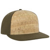 A snapback cap featuring a cork front panel and an olive green visor. It includes a logo on the side.