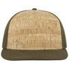 A stylish cap featuring a cork front and olive green sides, designed with a flat brim and snapback closure.