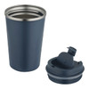 A drink bottle with a navy blue exterior and stainless steel interior, accompanied by a detachable lid.