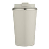 A drink bottle featuring a cream-coloured double wall design with a stainless steel rim and a lid. It has a logo.