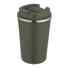 A drink bottle with a double wall vacuum design, featuring an olive green exterior and a stainless steel rim.