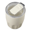 A drink bottle featuring a cream exterior, clear lid, and a ceramic liner with a sliding closure. It has a logo.