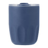 A drink bottle in navy blue with a clear lid and a ceramic liner, featuring a simple design and logo.