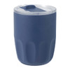A drink bottle in navy blue with a transparent lid and a textured design. It features a logo on the surface.