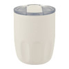 A drink bottle with a white exterior and clear lid, featuring a logo, designed for hot or cold beverages.