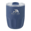 A drink bottle in navy blue with a clear lid and an embossed logo on the front.