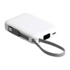 A white portable power bank with a grey strap and charging ports on the side. It has a smooth, minimalist design.
