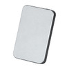 A silver power bank with a sleek design and rounded edges, featuring a branding logo.