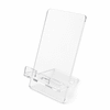 A clear acrylic phone stand with a sleek design, featuring a support base for displaying devices.