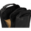 A black soft PU backpack with multiple zippered compartments and a visible interior box.