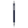 A ballpoint pen in navy blue with a silver clip and tip, featuring a sleek design and branding.