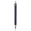 A navy blue recycled aluminium ballpoint pen with a clear clip and branding on the upper part.