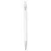 A recycled aluminium ballpoint pen in white, featuring a clear plastic section and a clip, with branding.