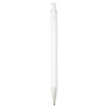 A ballpoint pen made of recycled aluminium, featuring a transparent barrel and a silver tip, with a logo.