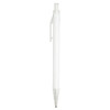 A white recycled aluminium ballpoint pen with a clear grip and clip, featuring a logo on the barrel.