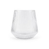A clear, ribbed glass tumbler with a wide base and flared shape. It features a subtle logo on the surface.