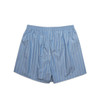 Light blue striped shorts with an elastic waistband. The garment features vertical white stripes and has a branding logo.
